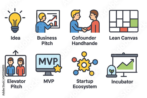 Set of flat icons for entrepreneurship and startups with lightbulb, handshake, and lean canvas