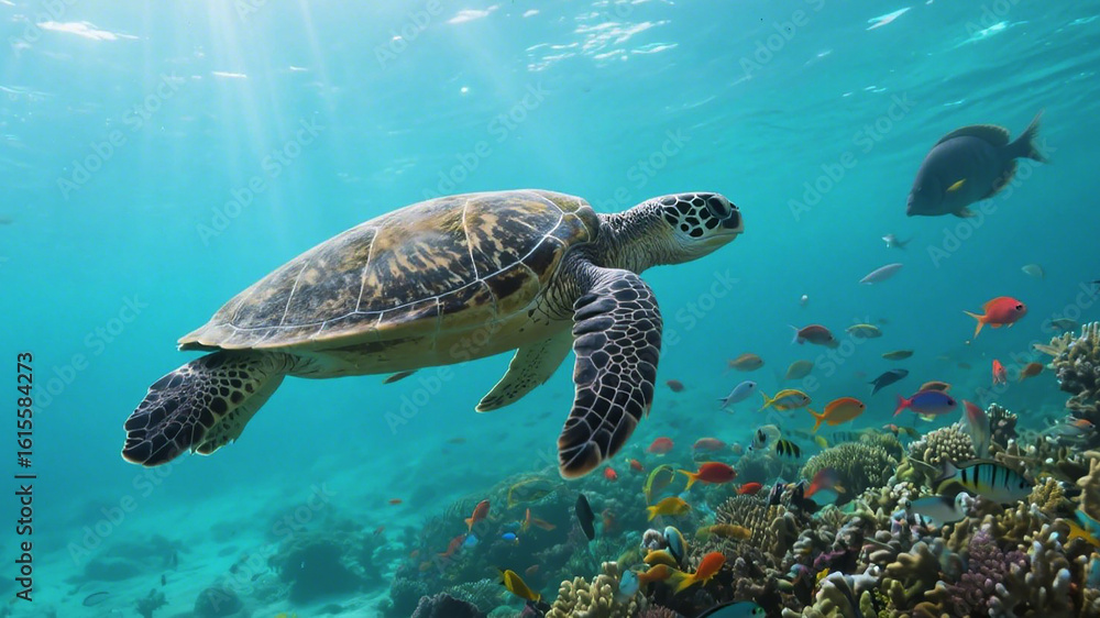 Fototapeta premium Majestic Sea Turtle Surrounds Coral Reef.