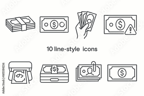 Set of black line-style finance icons with money and banknotes