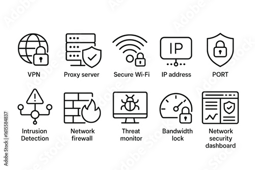 Set of black line icons for network security concepts and internet protection