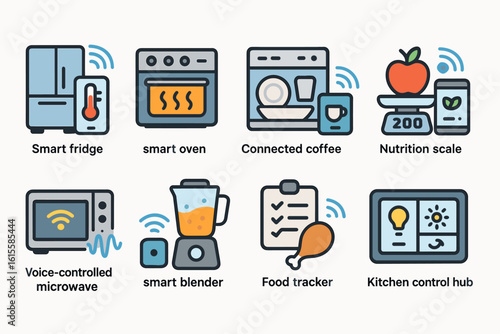 Set of colorful smart kitchen appliances and devices icons with signal waves, representing modern technology.