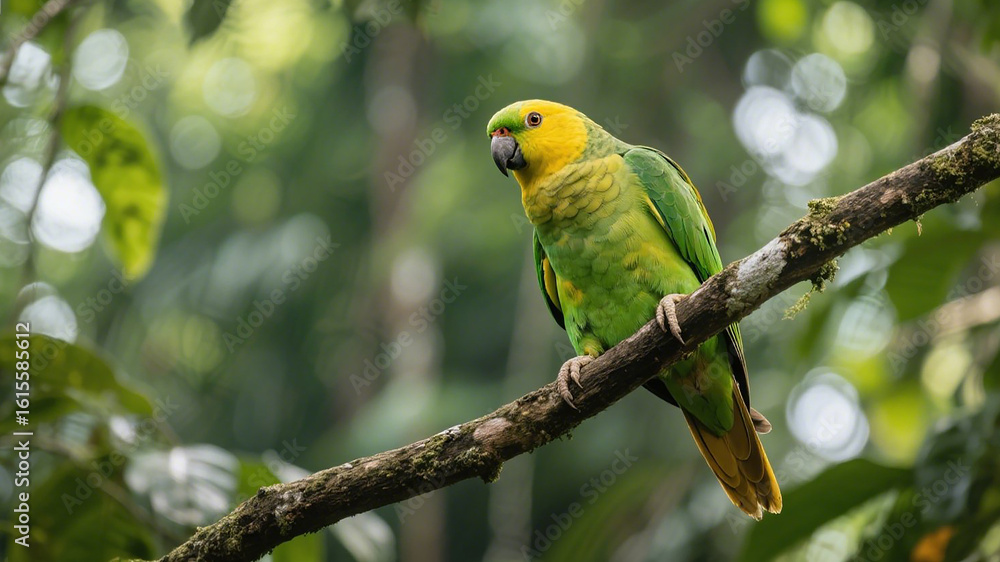 Naklejka premium Vibrant Rainbow Lorikeet Perched on a Branch in Lush Tropical Forest