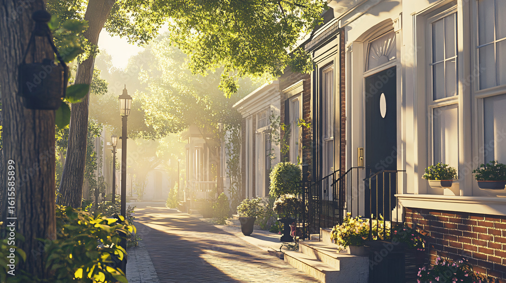 Naklejka premium Tranquil street scene featuring a majestic tree and a comfortable bench under the clear blue sky