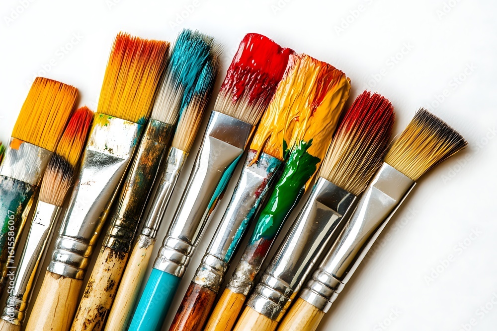 Fototapeta premium Closeup of used paintbrushes with colorful paint on bristles lying on white surface