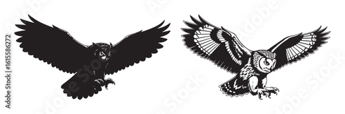 Flying great horned owl mascot silhouette and line art vector