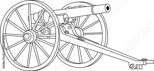 Historic cannon with large wooden wheels, vintage artillery piece, old military weapon, battlefield equipment, war cannon, line art drawing vector