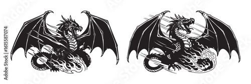 Two fierce roaring dragons in flames vector illustration