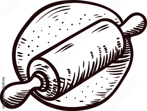 Hand drawn rolling pin and dough illustration vintage sketch of baking utensil on round pastry background