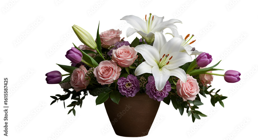 Obraz premium Floral Illustration Of Lily Rose Tulip Bouquet In A Brown Vase With Transparent Background