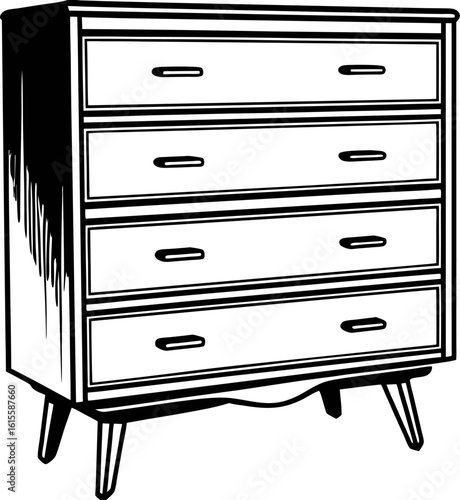 Mid century modern dresser with four drawers in black and white line art illustration isolated on white background