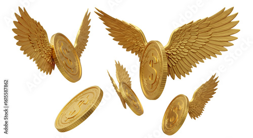 Flying Gold Coins With Wings On Black Isolated Background Digital 3D Rendering