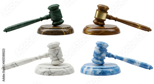 Four Distinct Gavels on Transparent Background Illustration 3D Render
