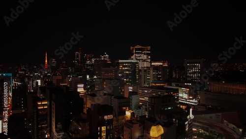 The drone takes off over the night metropolis. Tokyo, Japan from bird's eye view