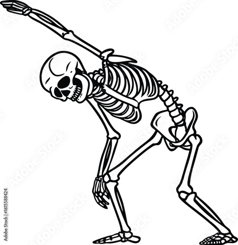 A skeletal figure strikes a playful dab pose, rendered in a stark black and white illustration