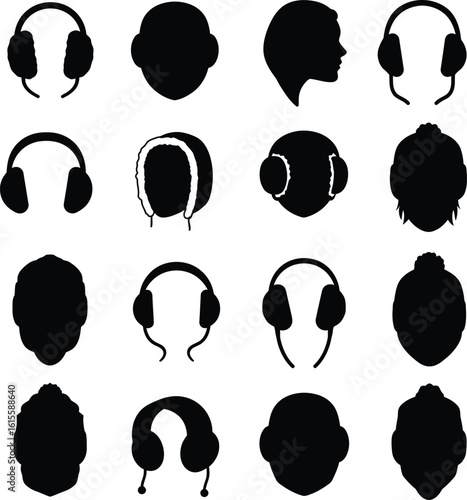Black Silhouette Ear Muffs & Headphones Collection: Diverse Icons of Winter Warmth, Sound Protection, and Audio Devices - Perfect for Music, Safety, and Cold Weather Gear.