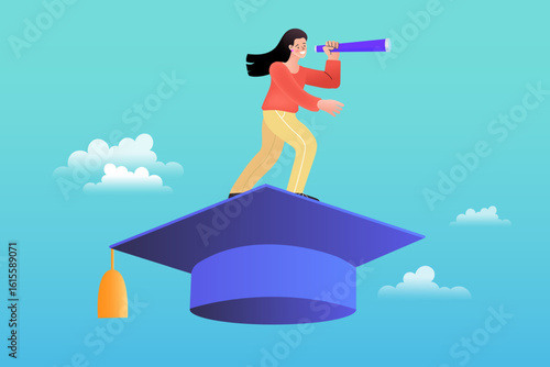 A woman standing on a giant graduation cap and looking through a telescope. A concept of future vision in education, career planning after graduation, and searching for knowledge. Vector illustration.