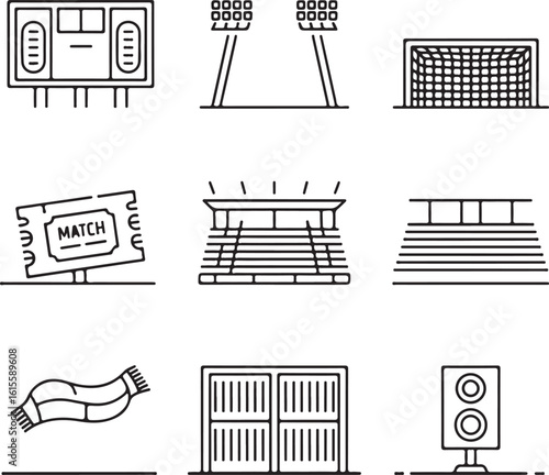 Football Stadium Elements Icon Set Scoreboard, Stadium Lights, Goal Net, Bleachers, Ticket, Fan Scarf, Security Gate, and Loudspeaker Vector Pack
