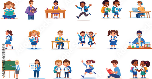 Flat vector illustration of a diverse group of happy school children and students, back-to-school activities, and poses