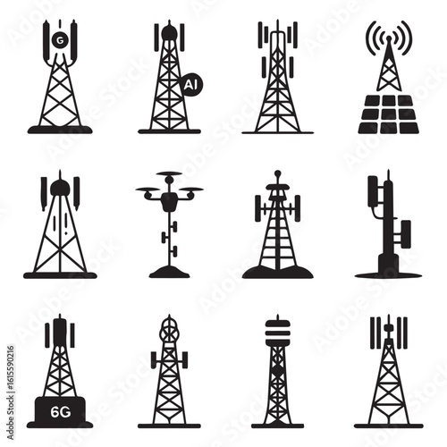 Vector art of a collection of black and white icons representing various telecommunication towers, including 5g and 6g technology, drones, and ai