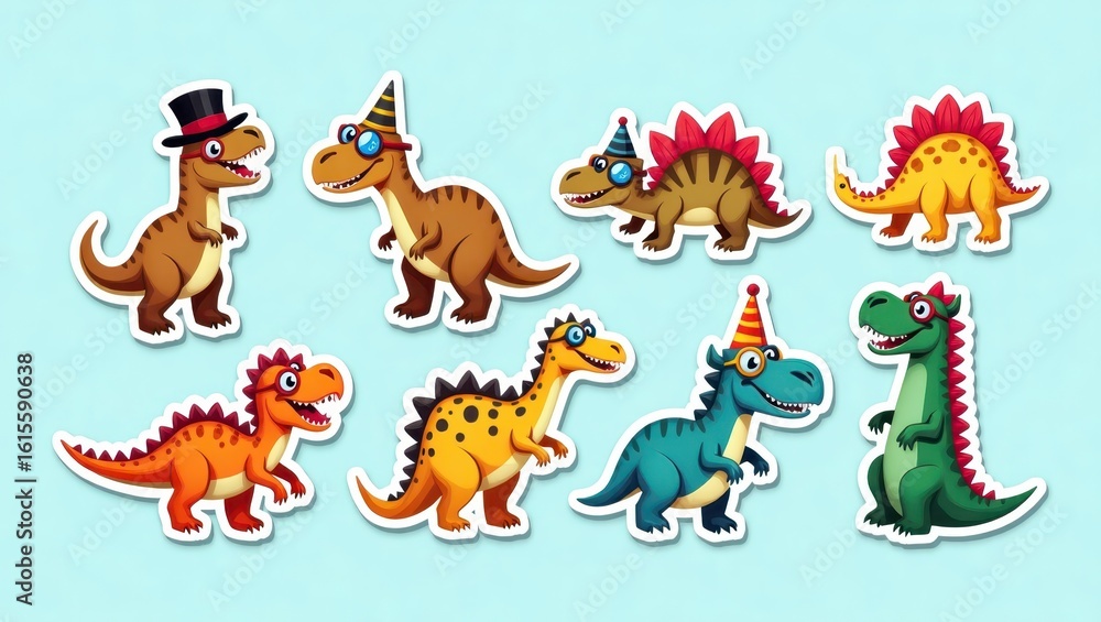 Fototapeta premium Cartoon dinosaurs wearing party hats and glasses.
