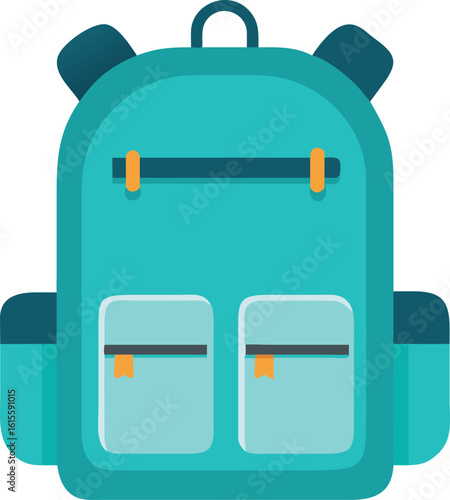 Teal backpack with orange accents and two front pockets blue