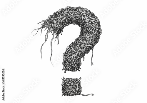 Question mark made of tangled ribbons and threads artwork