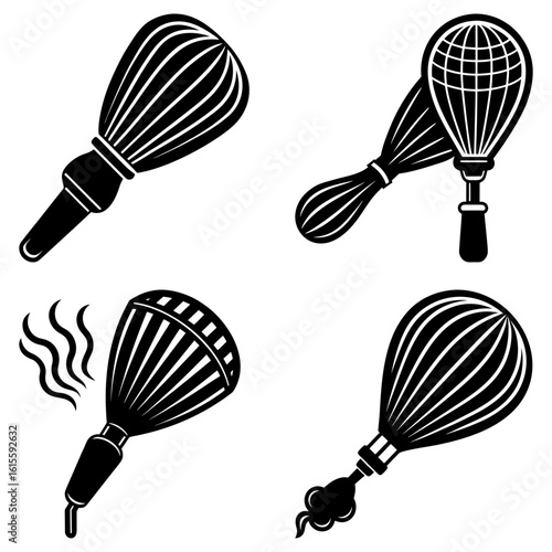 Four stylized black and white images of vintage shaving brushes with different brush head designs shown