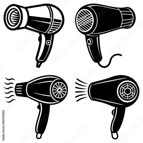 Four stylized hair dryers in black and white with different vent and nozzle designs shown clearly here