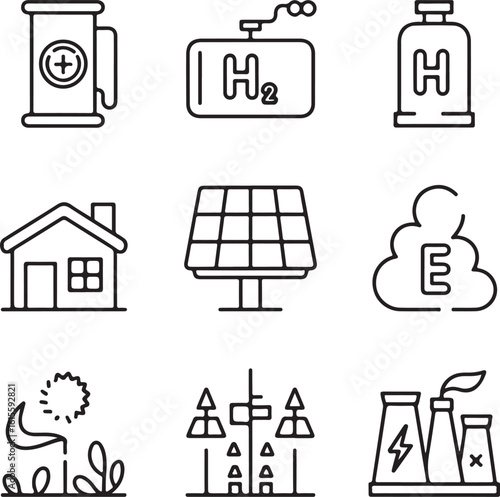 Hydrogen and Sustainable Energy Infrastructure Icons Fuel Cell, H2 Storage, Off-Grid Home, Smart Grid Lines, Carbon Neutral Symbol, and Renewable Power Plant