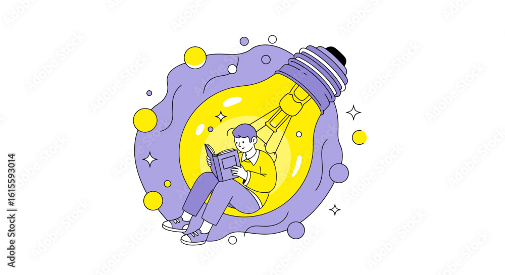 Fototapeta premium A Creative Young Man Sitting Inside a Giant Light Bulb Reading a Book, Surrounded by Colorful Circles, Sparks, and Whimsical Design Elements for Imaginative and Inspirational Content