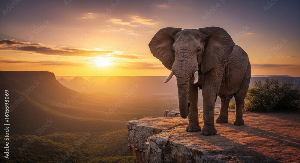 Obraz premium Elephant on Cliff Overlooking Valley – Sunset Spiritual Animal Wallpaper HD