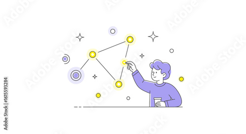 Creative and Engaging Illustration of a Person Interacting with a Cosmic Star Map, Connecting Bright Celestial Elements with a Playful Touch and a Cup in Hand, Showcasing a Fusion of Imagination and