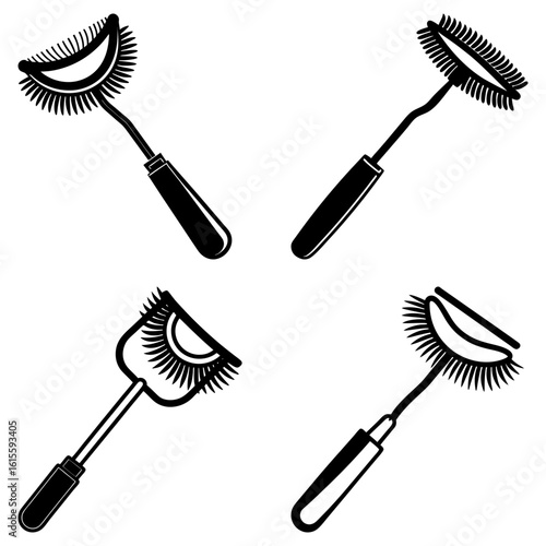 Illustration of four eyelash combs with varying designs and handles in black and white style drawing