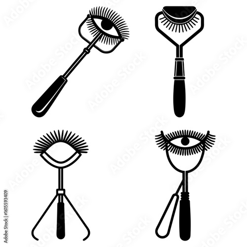 A collection of four stylized eyelash curlers with eyes and lashes in black and white design