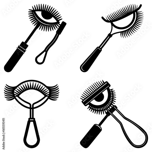 Collection of eyelash curlers and mascara wands in a variety of unique and stylish designs shown in black