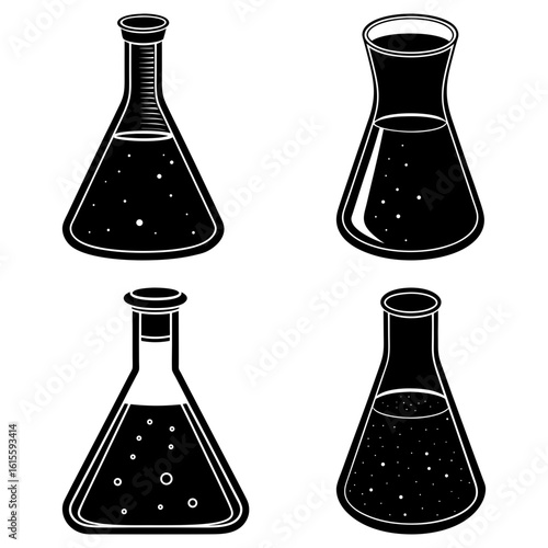 Illustration of four chemical flasks filled with different liquids in a black and white design style