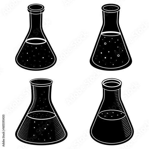Illustration of four black and white erlenmeyer flasks filled with liquid and small particles inside them
