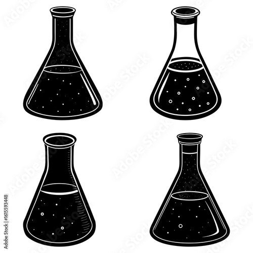 Four conical flasks filled with dark liquid and small white circles in a black and white illustration