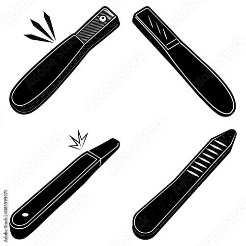 Four black and white illustrations of nail files with different textures and design variations shown here