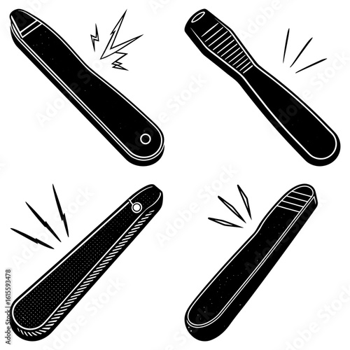 Four stylized nail files or similar manicure tools depicted in black and white illustrations format
