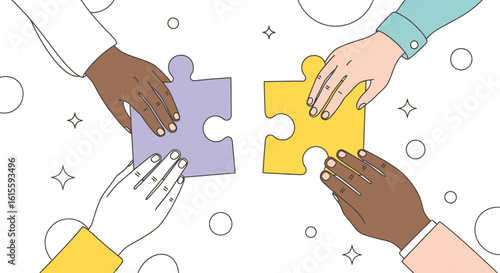 Diverse Hands Coming Together to Complete a Colorful Puzzle Against a Whimsical Background, Symbolizing Collaboration, Teamwork, and Collective Problem Solving in Modern Settings