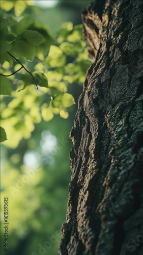 Tall tree trunk against backdrop of sunlit foliage.