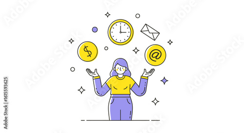 Dynamic Illustration of a Woman Skillfully Juggling Symbols of Productivity, Time Management, and Financial Success in a Playful and Modern Design, Perfect for Business and Lifestyle Applications