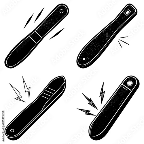 Illustrative display of four black nail files with varying designs and accompanying visual effects shown
