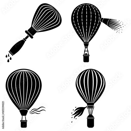 Illustration showing a whisk with dripping liquid and three hot air balloons in black and white style