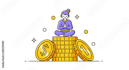 Serene Meditation Over a Pile of Golden Coins Representing Financial Abundance, Mindfulness, and Wealth, Perfect for Modern Business Aesthetics and Financial Wellness Themes