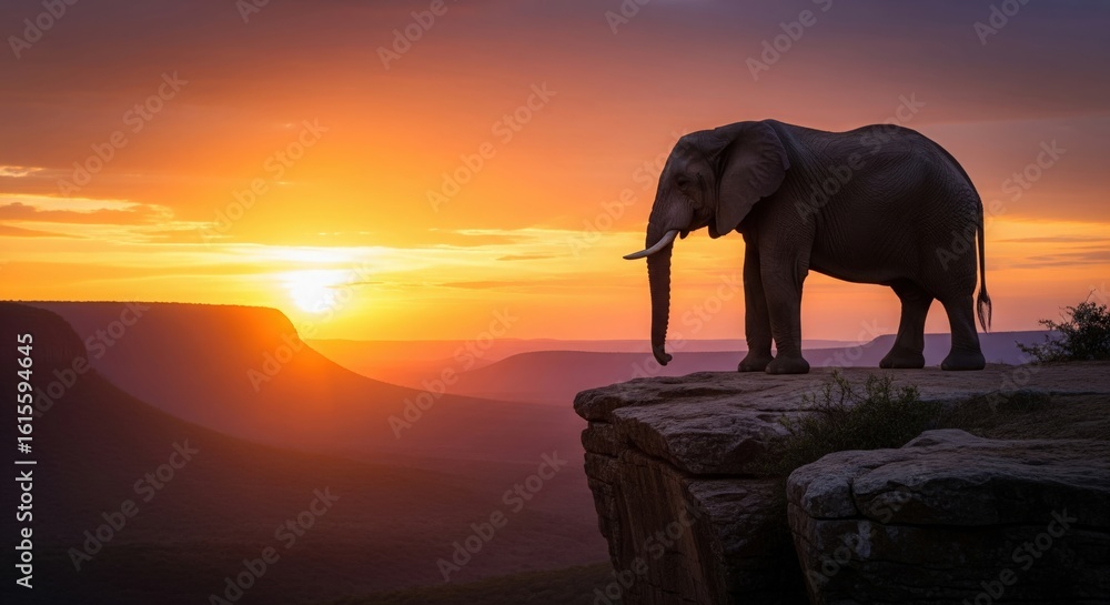 Fototapeta premium Elephant on Cliff Overlooking Valley – Sunset Spiritual Animal Wallpaper HD