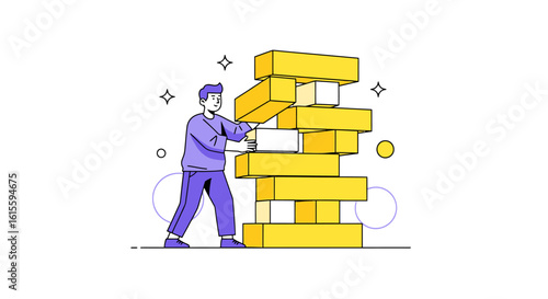 Young Man Skillfully Balancing and Stacking Colorful Blocks in a Playful Jenga Game, Showcasing Focused Concentration and Fun in a Vibrant, Drawn Style Design