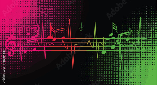 Musical heartbeat line illustration, abstract colorful design, music health connection, rhythm art, vibrant background, soundwave concept, healing melody, energy