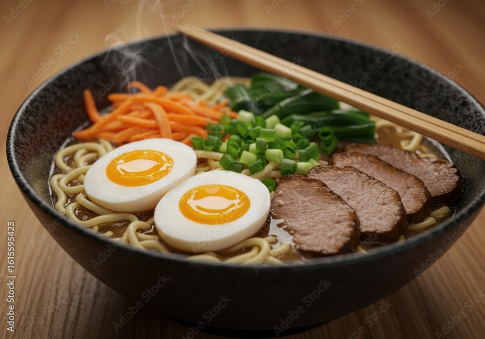 Delicious bowl of ramen noodles topped with sliced pork soft boiled eggs and fresh vegetables Delicious bowl of ramen noodles topped with sliced pork soft boiled eggs and fresh vegetables